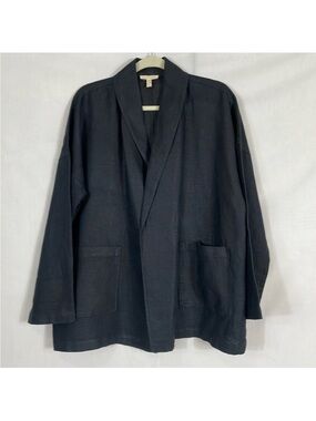 Eileen Fisher Black Linen Open-Front Shawl Collar Women's Jacket